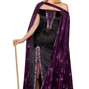 Spirit Eternal Witch Costume Black Velvet Lace Up Dress Cape Halloween L 12/14